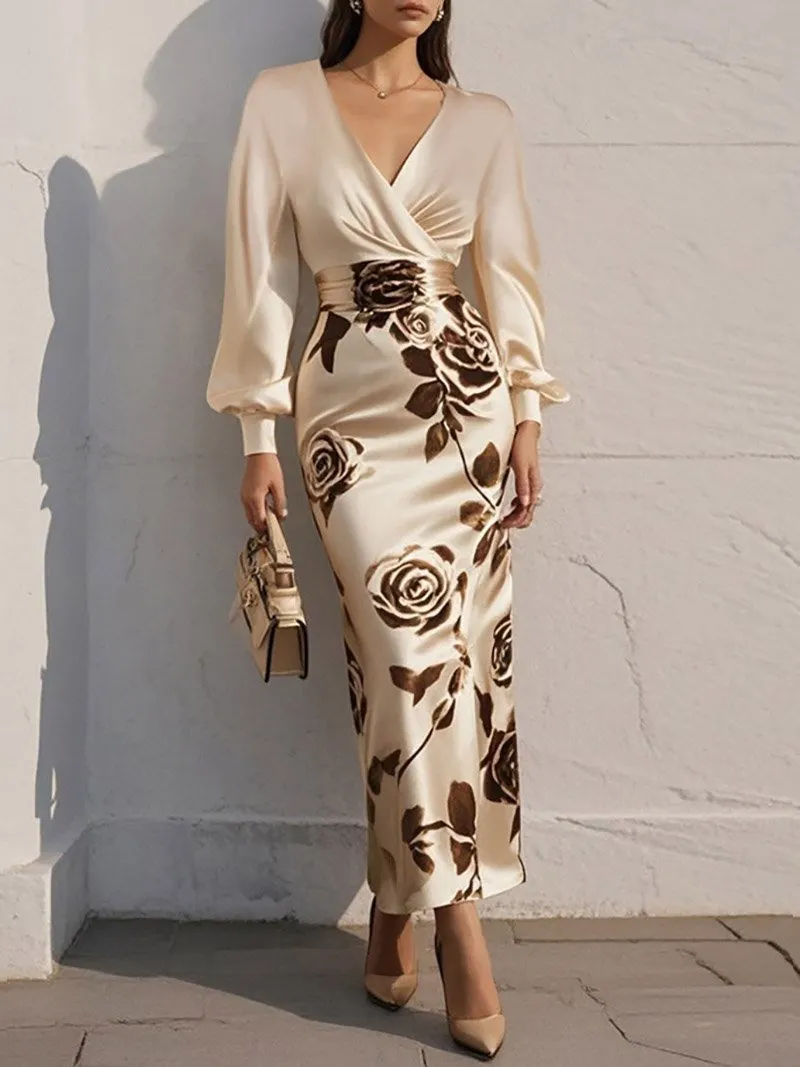 Apricot Floral V Neck Long Puff Sleeve Satin Sheath Maxi Satin Dress - Apricot