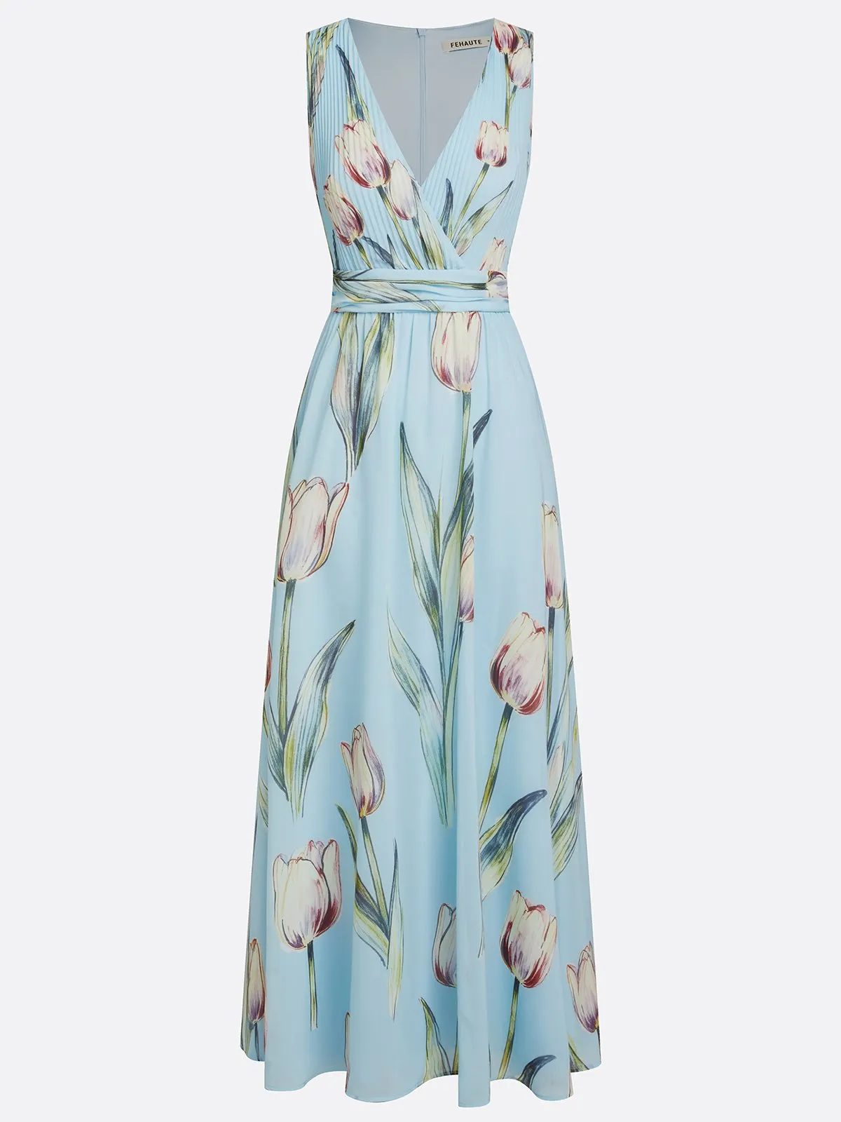 Light Blue Floral Chiffon V Neck Sleeveless A-Line Floor-length Gown Dress