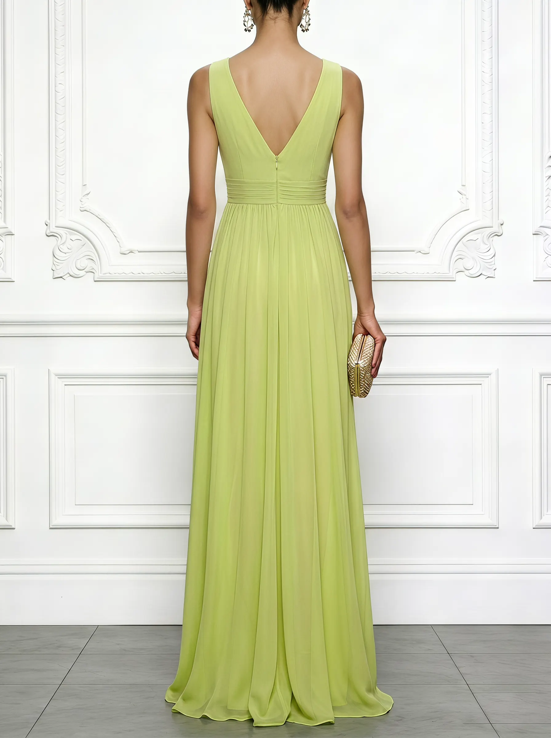 Light Green Applique Chiffon V Neck Sleeveless A-Line Maxi Dress