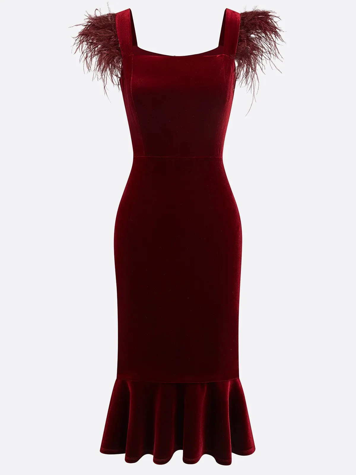 Wine Red Feather Velvet Square Neck Sleeveless Mermaid Midi Dress