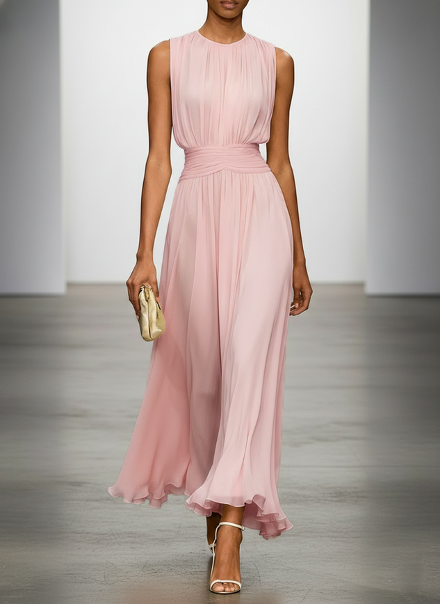 Yellow Ruched Chiffon Crew Neck Sleeveless A-Line Maxi Dress
