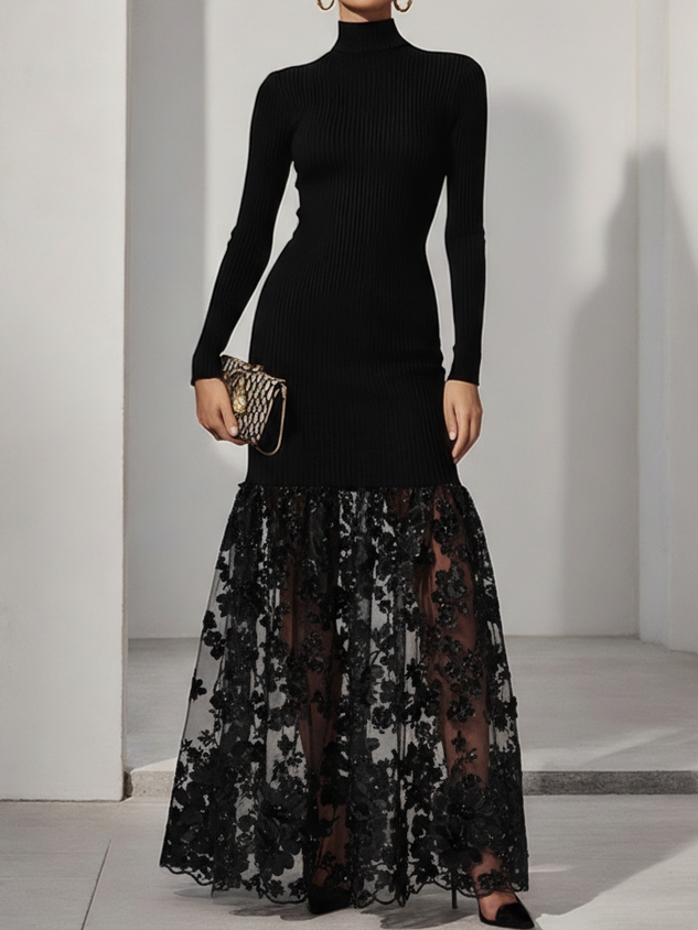Black Mesh Floral Appliqué Knit Mock Neck Long Sleeve A-Line Maxi Dress