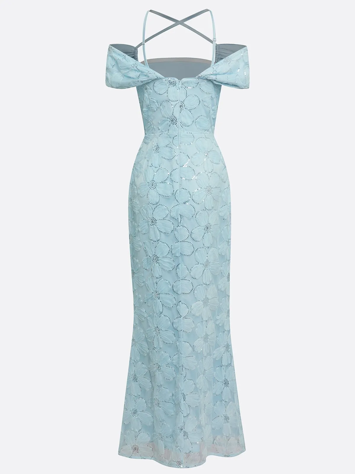 Light Blue Jacquard Sequin Glitter Classic Off The Shoulder Short Sleeve Mermaid Floor-length Gown Dress