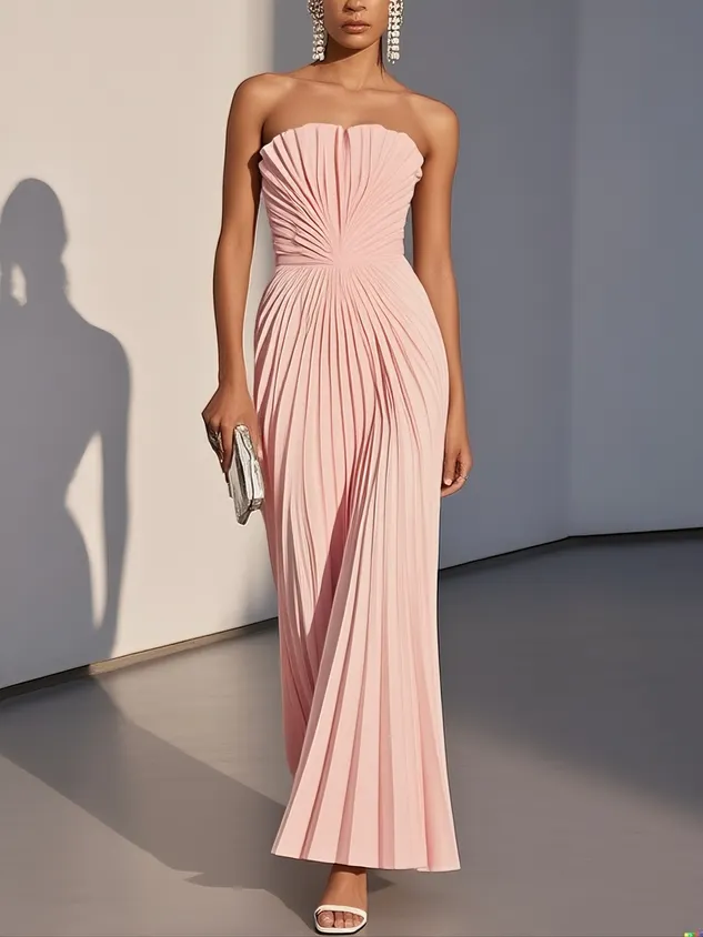 White Pleated Satin Strapless Sleeveless A-Line Maxi Dress