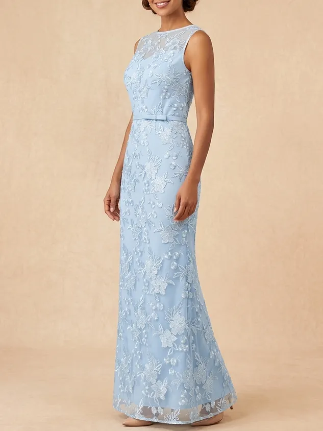 Light Blue Embroidered Lace Mother of the Bride Dress - Elegant A-Line Mesh Maxi Gown