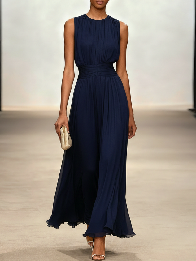 Yellow Ruched Chiffon Crew Neck Sleeveless A-Line Maxi Dress