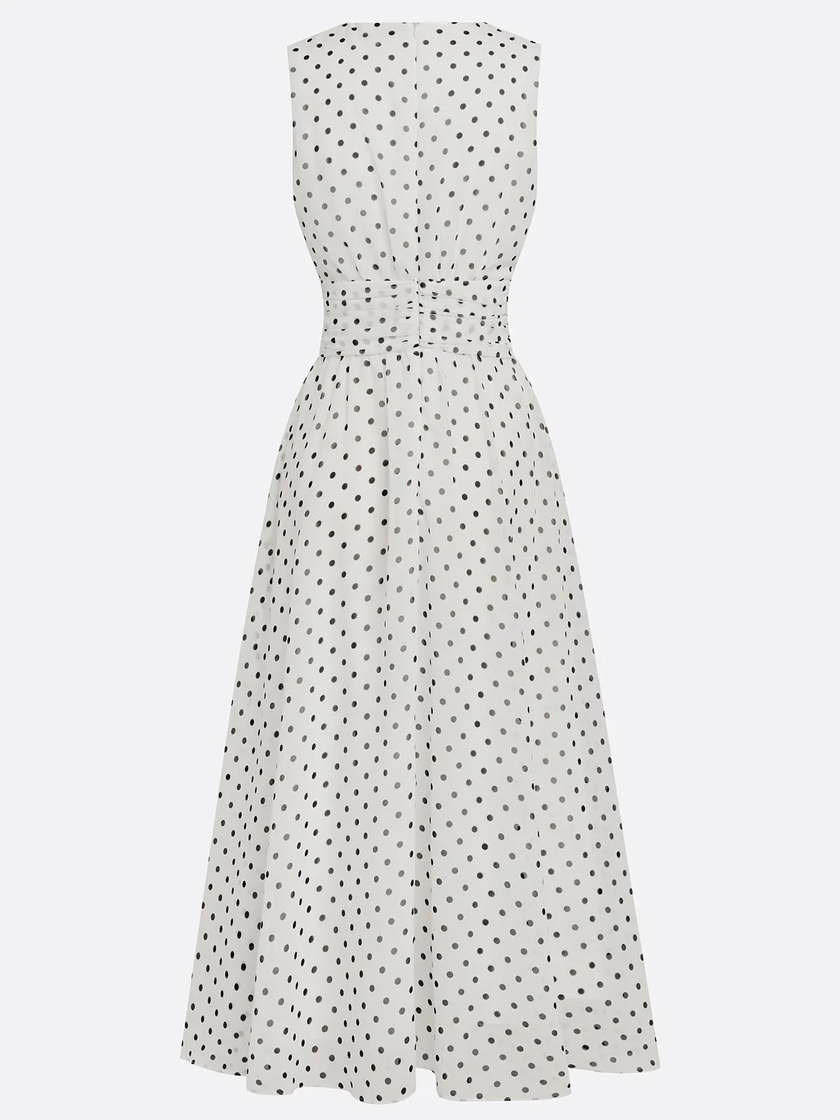 White Polka Dots Ruched Chiffon Crew Neck Sleeveless A-Line Maxi Dress
