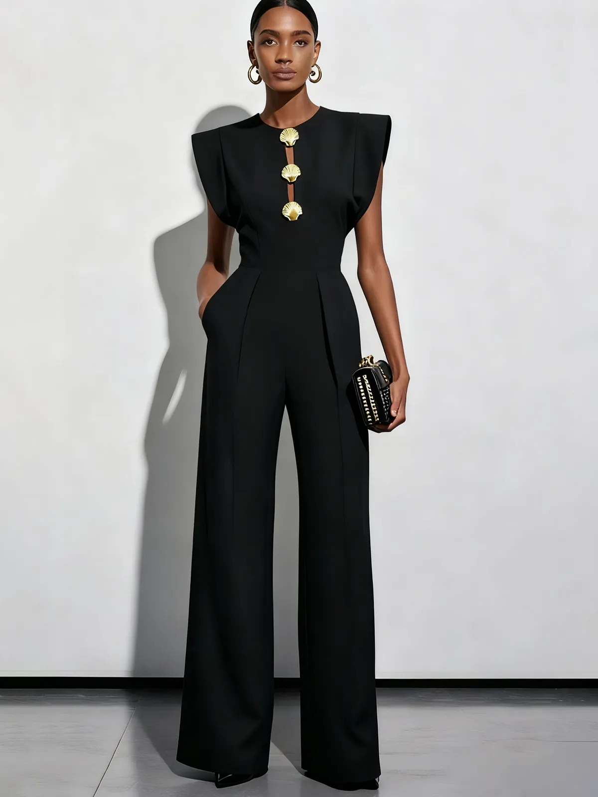 Women Black Buckle Hollow Out Crew Neck Cap Sleeve Dressy Jumpsuit