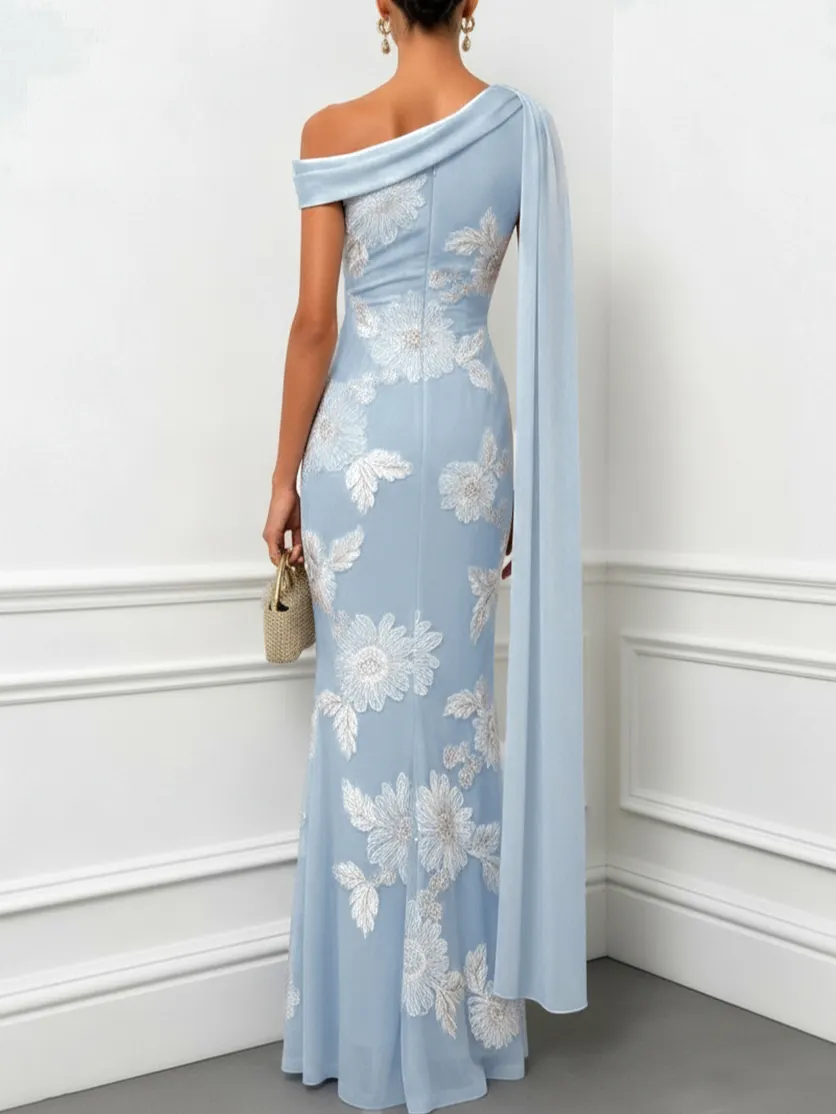 Light Blue Jacquard Classic One Shoulder Sleeveless Mermaid Floor-length Gown Dress - Light Blue