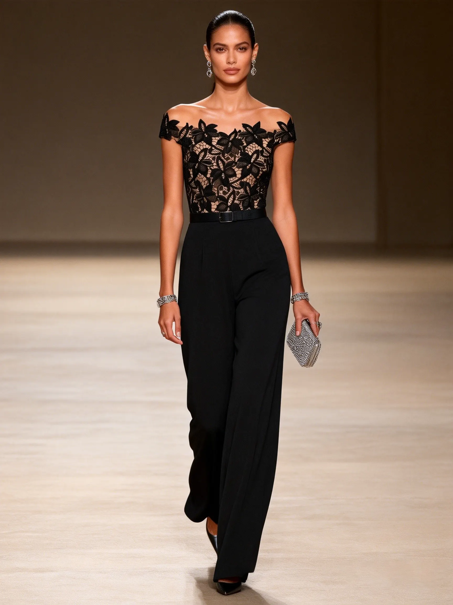 Women Black Lace Off The Shoulder Short Sleeve Dressy Jumpsuit