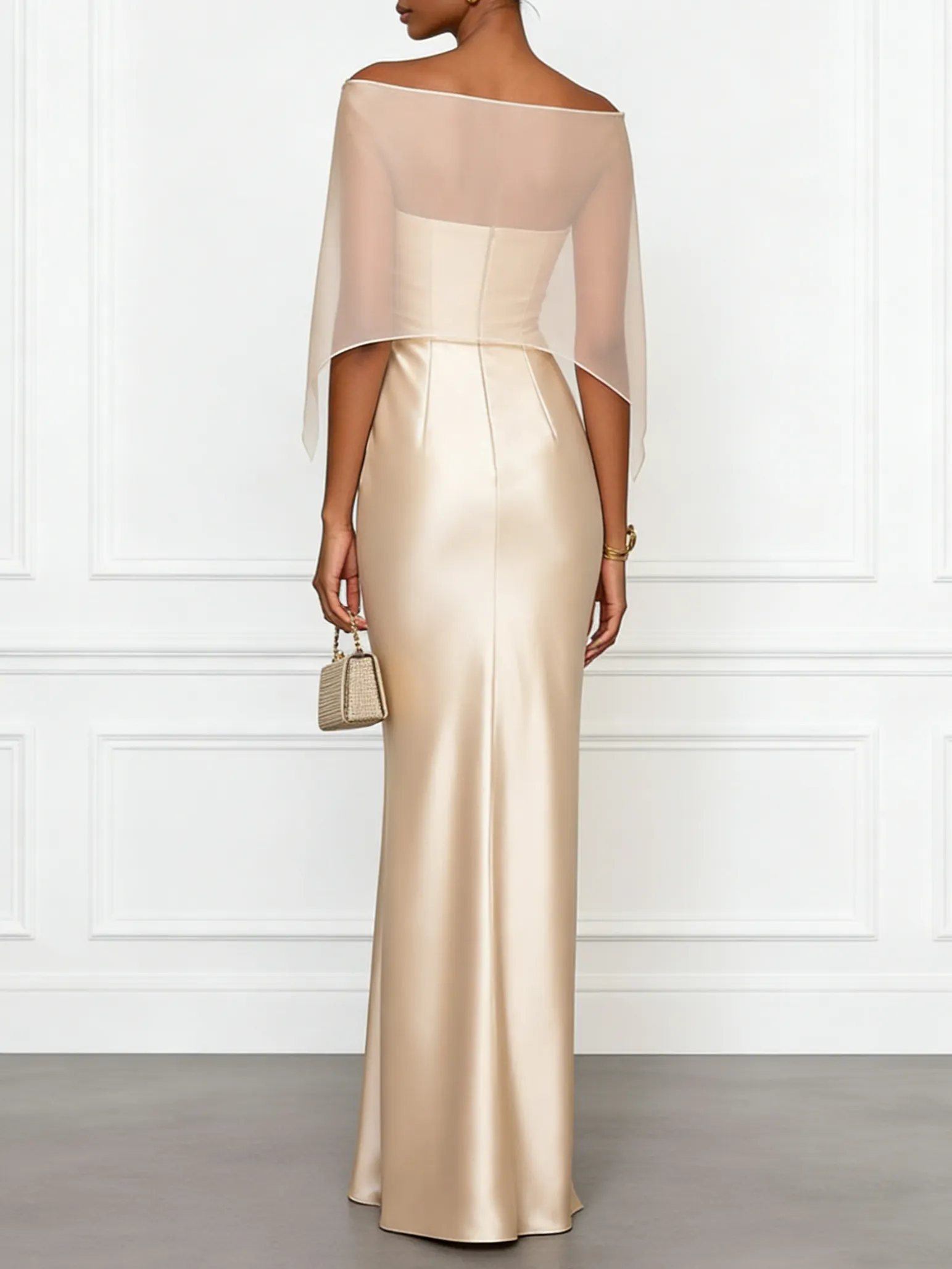 Champagne 3D Floral Satin Boat Neck Short Sleeve Sheath Gown Dress with Capelet