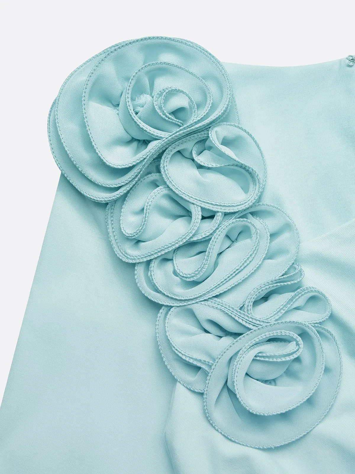 Light Blue 3D Floral Ruched Knit Asymmetrical Long Sleeve Sheath Midi Dress