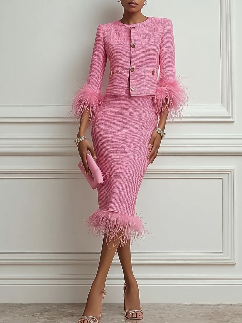 Women Tweed Rose Red Feather-trimmed Buckle Crew Neck Three Quarter Sleeve Dressy Coat With Skirt Two-Piece Set - Rose Red
