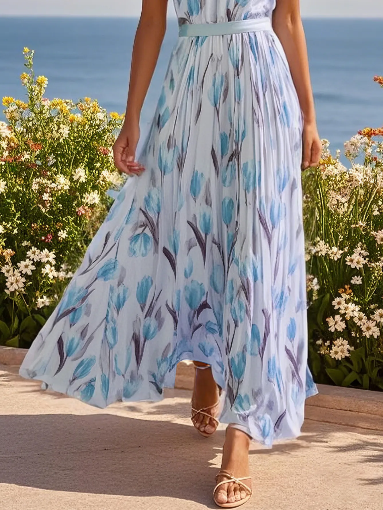 Light Blue Floral Chiffon Halter Sleeveless A-Line Maxi Dress