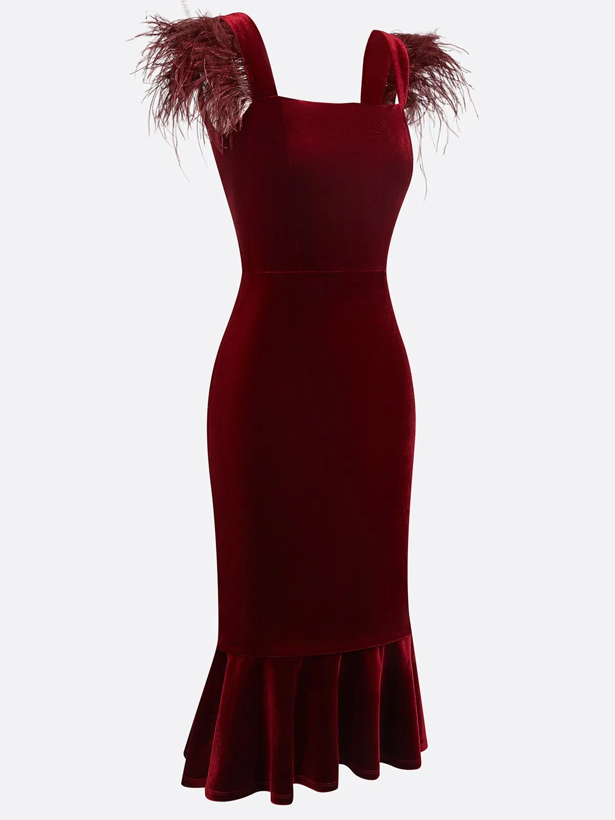 Wine Red Feather Velvet Square Neck Sleeveless Mermaid Midi Dress