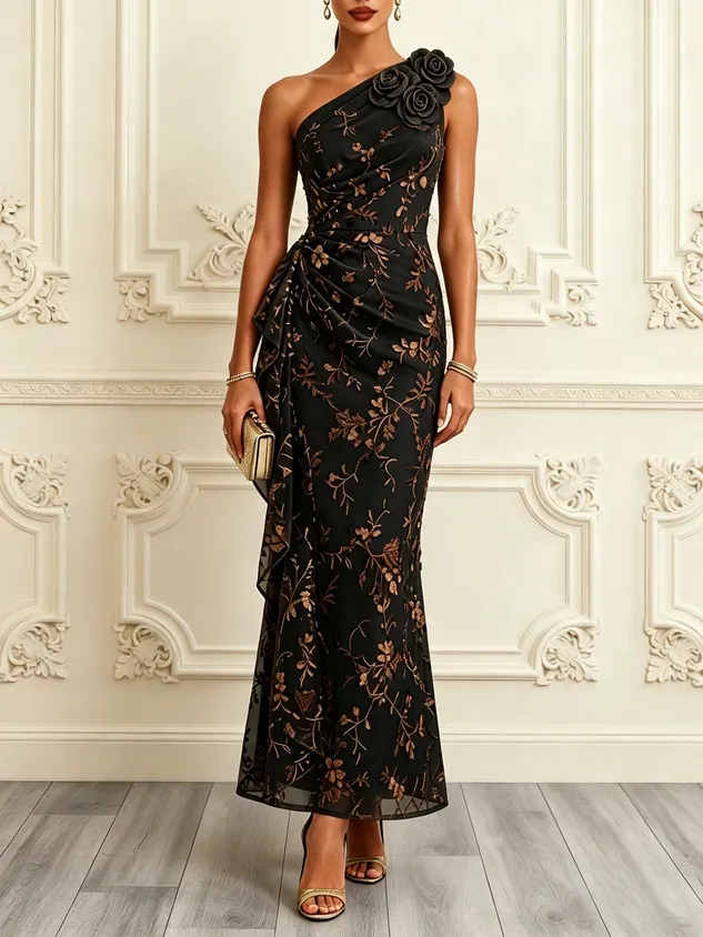 Army Green 3D Floral Ruffled Classic One Shoulder Sleeveless Mermaid Maxi Dress
