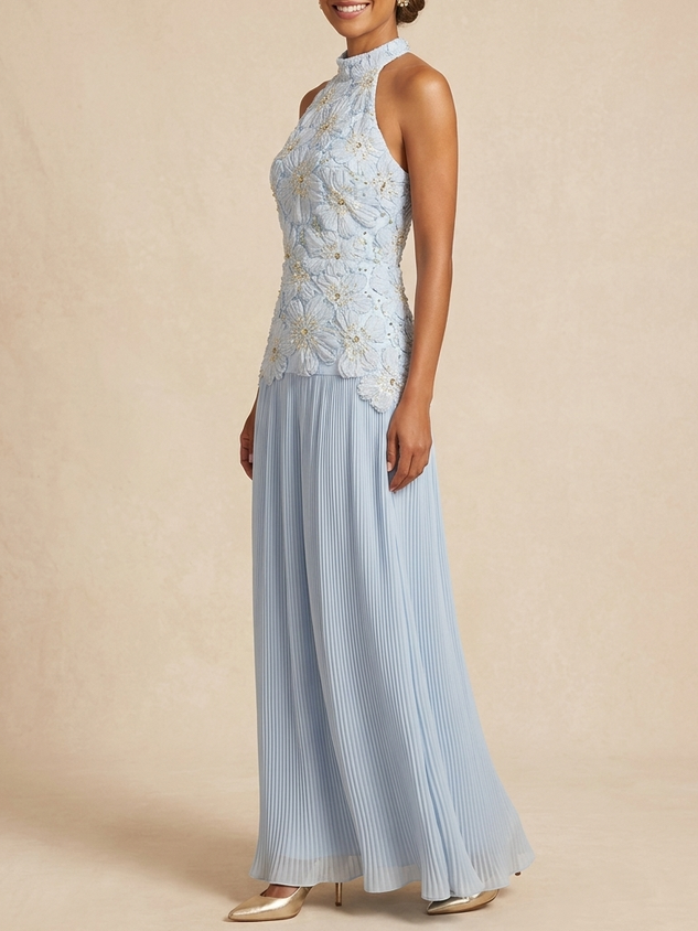 3D Floral Applique Halter Pleated Maxi Dress | Elegant Mother of the Bride Gown