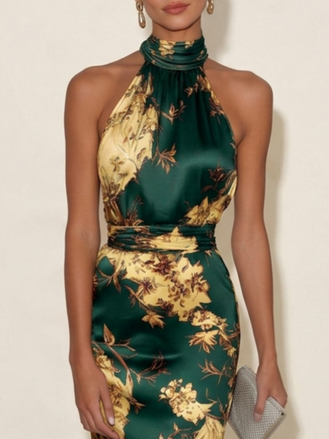 Green Floral Satin Halter Neck Sleeveless Sheath Midi Dress - Green