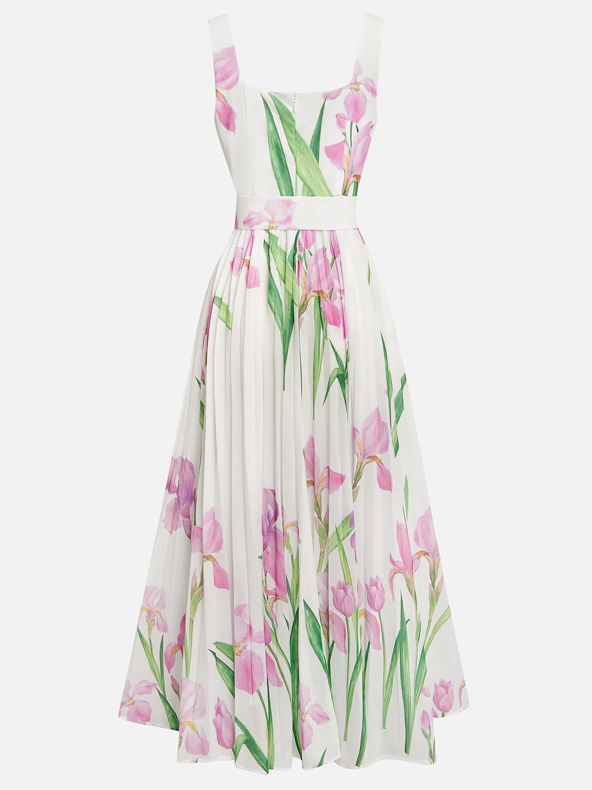 White Pleated Floral Chiffon Square Neck Sleeveless A-Line Maxi Dress
