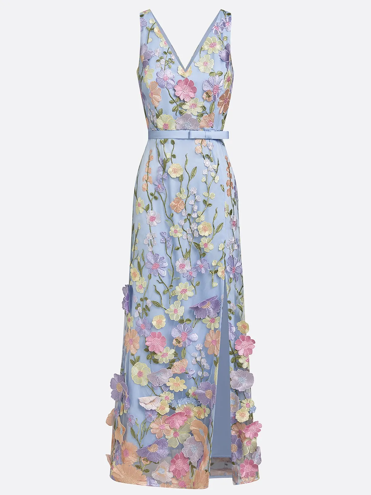 Elegant 3D Floral Applique Mother of the Bride Dress - Pastel Blue V-Neck Maxi Gown with Slit