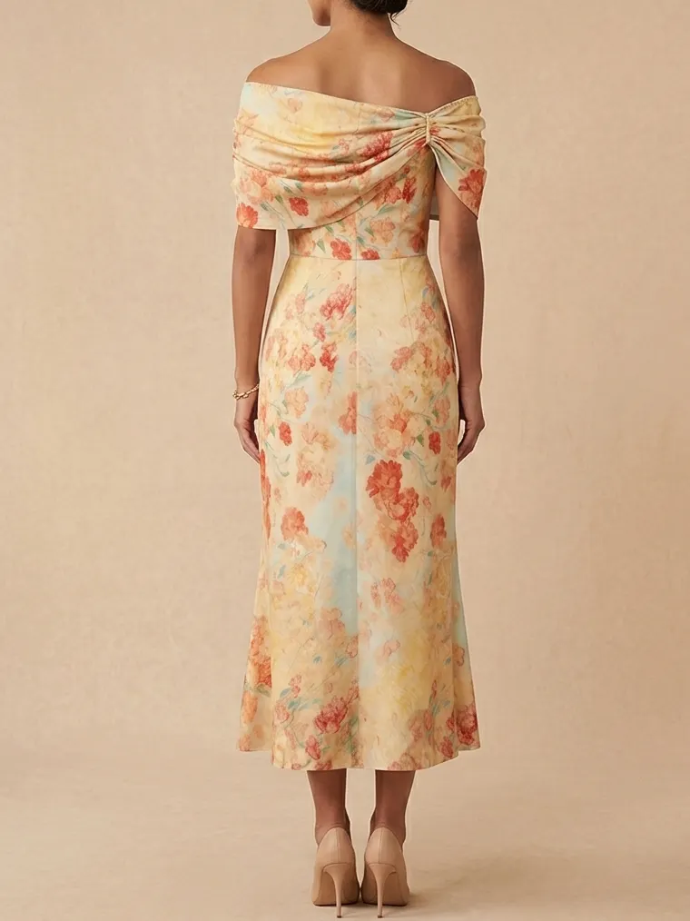 Elegant Floral Off-the-Shoulder Midi Mother of the Bride Dress - Light Blue