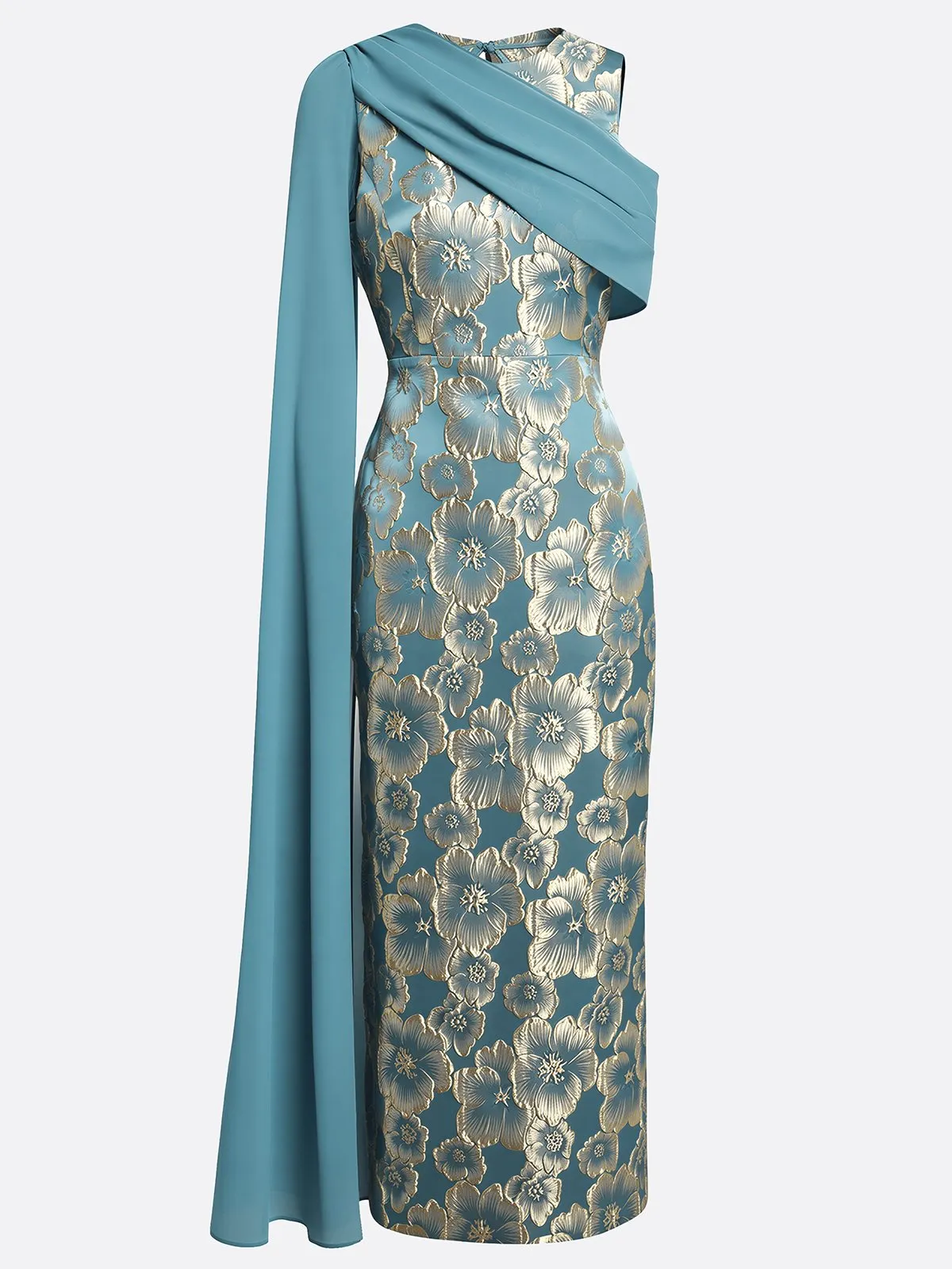 Cyan Jacquard Classic Crew Neck Sleeveless Sheath Maxi Dress