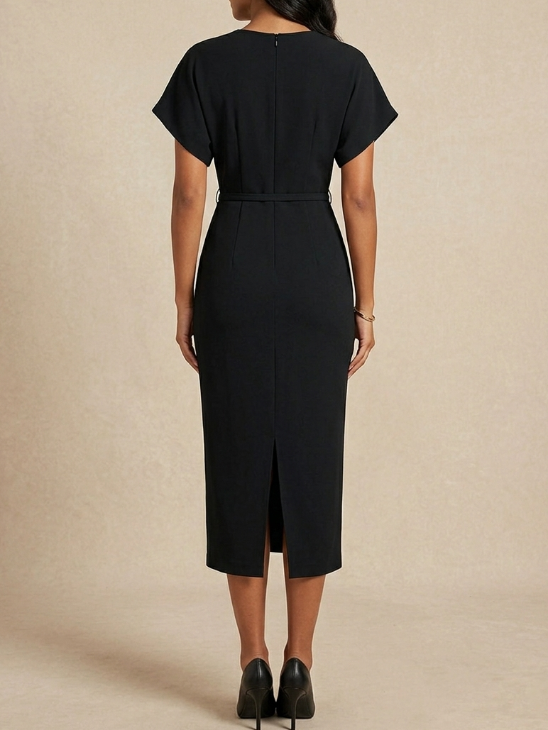 Black V Neck Belted Sheath Midi Mother of the Bride/Groom Dress - Black
