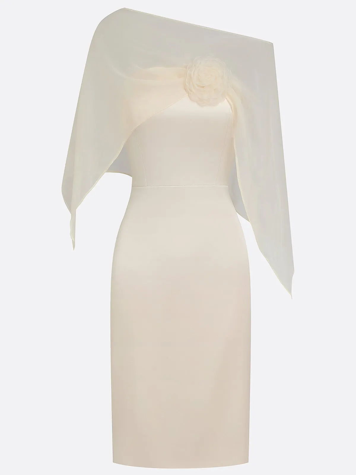 Champagne 3D Floral Mesh Satin Boat Neck Short Sleeve Sheath Midi Dress with Capelet