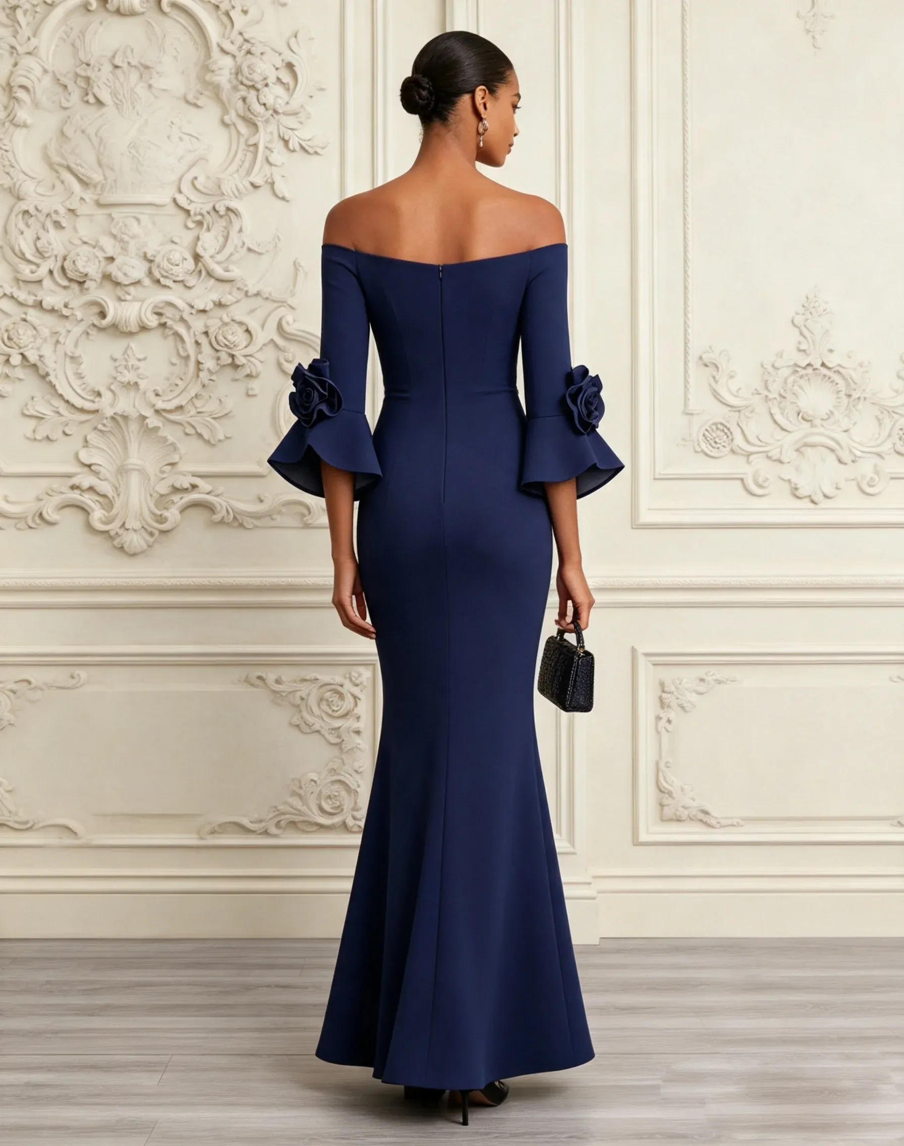 Navy Blue 3D Floral Classic Off The Shoulder Half Sleeve Bell Sleeve Mermaid Maxi Dress