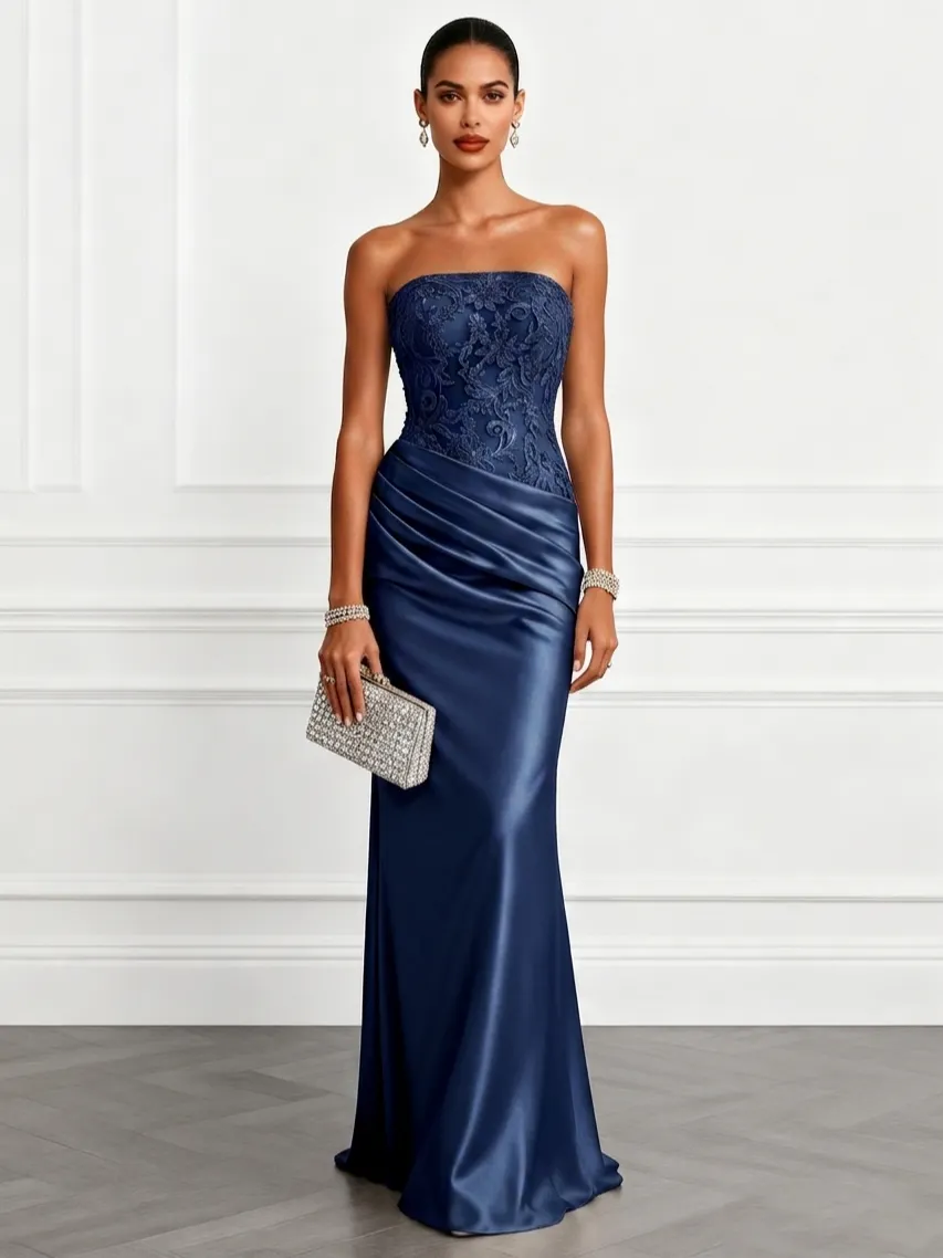 Purplish Blue Lace Jacquard Satin Strapless Sleeveless Mermaid Gown Dress