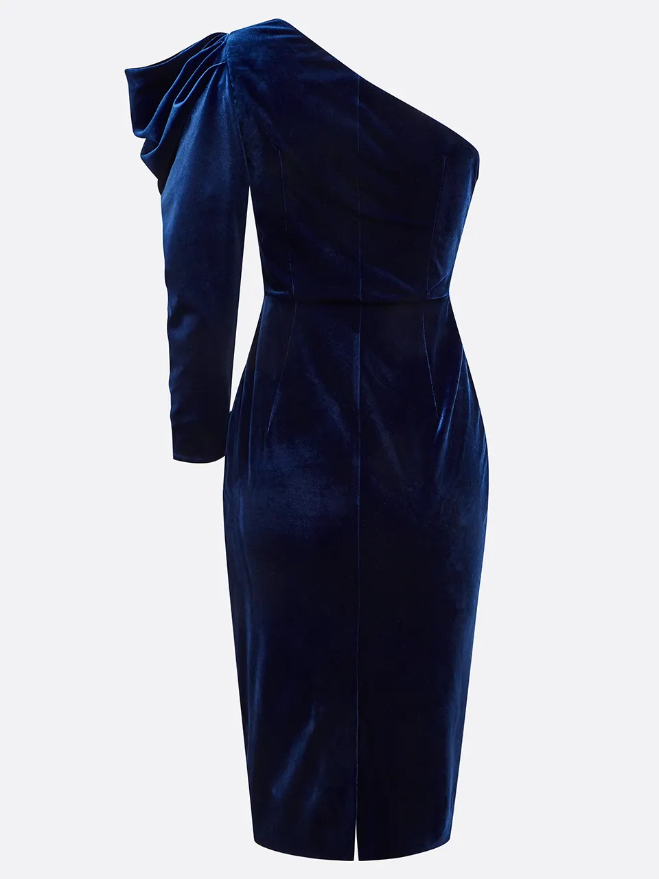 Royal Blue One Shoulder Three Quarter Sleeve Sheath Midi Velvet Dress