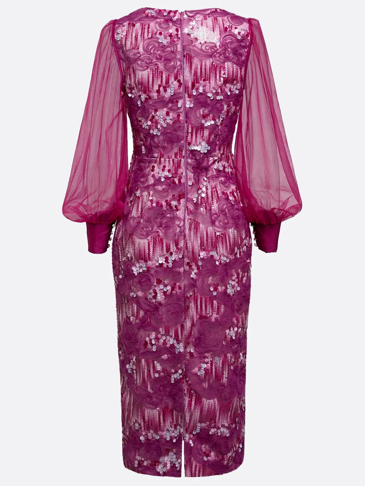 Purple 3D Floral Sequin V Neck Long Sleeve Balloon Sleeve Sheath Midi Dress