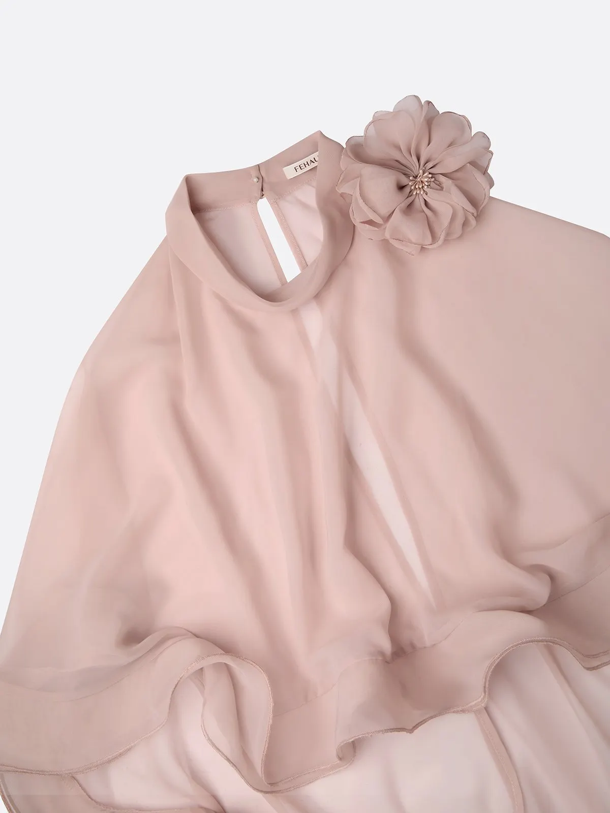 Nude Pink 3D Floral Mesh Classic Mock Neck Half Sleeve Sheath Floor-length Gown Dress