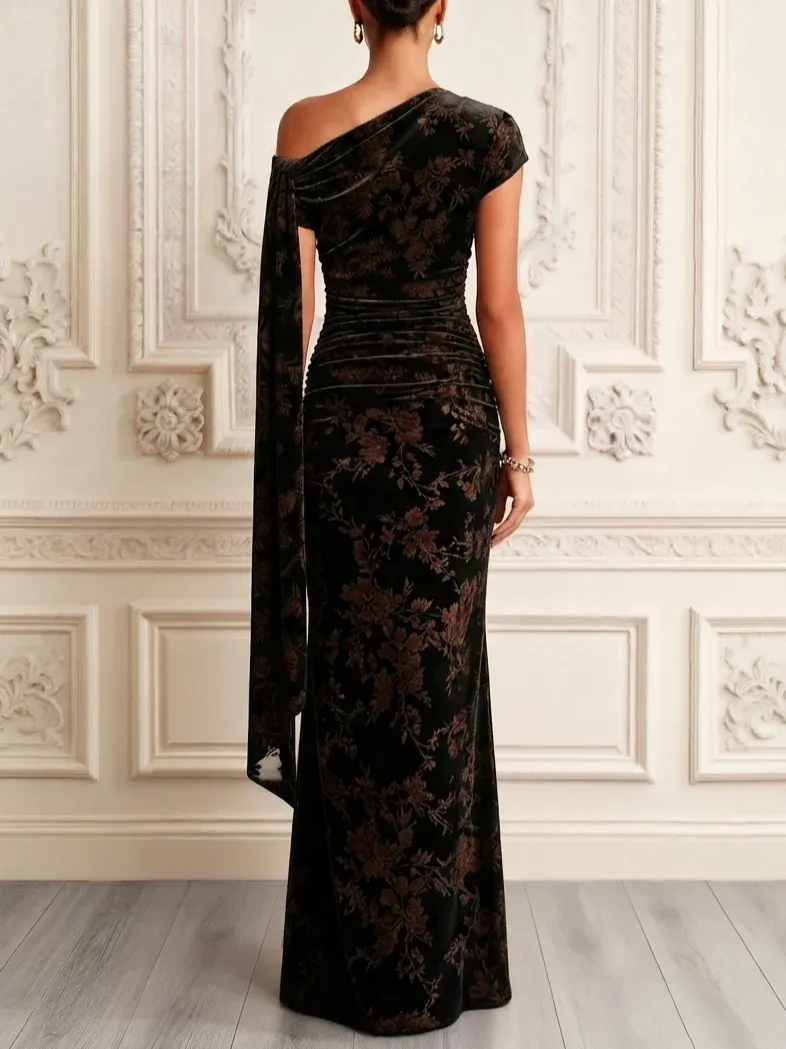 Black Flocked Tulle One Shoulder Short Sleeve Mermaid Floor-length Gown Dress - Black