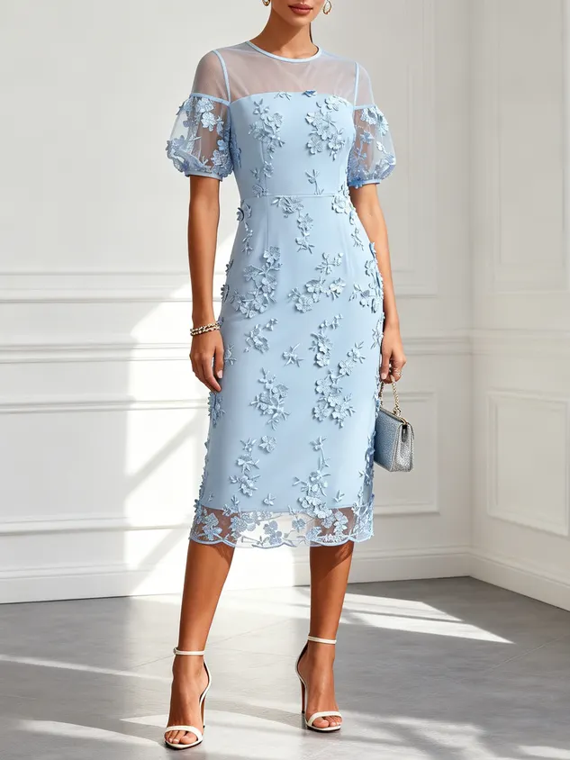 Light Blue 3D Floral Appliqué Lace Crew Neck Short Sleeve Puff Sleeve Sheath Midi Dress