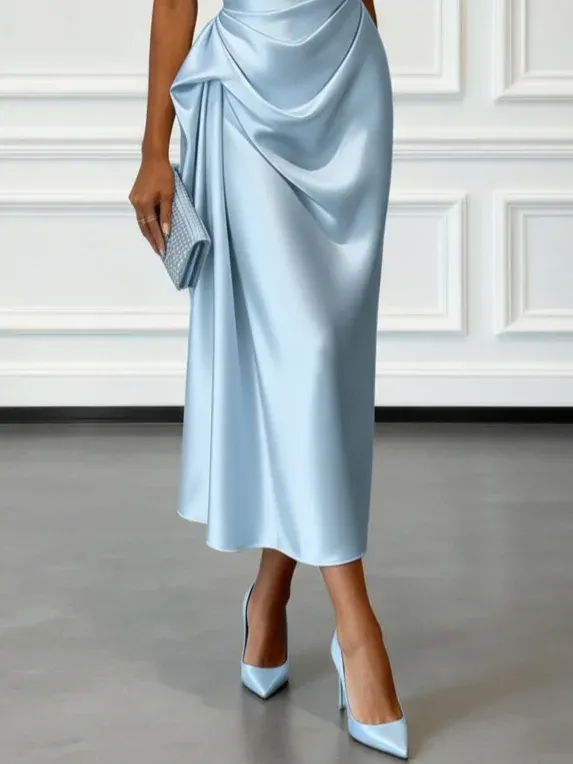 Light Blue Ruched Satin One Shoulder Sleeveless Sheath Midi Dress
