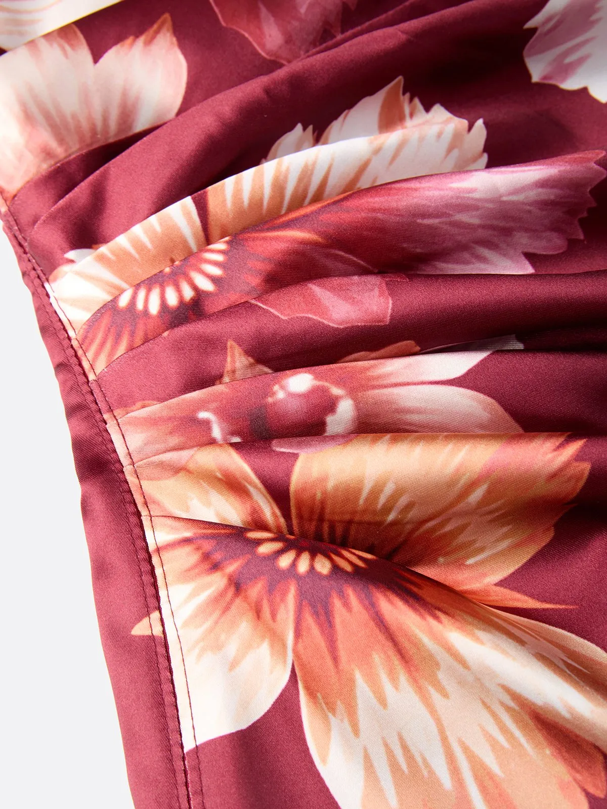 Burgundy 3D Floral Satin One Shoulder Sleeveless Sheath Midi Dress