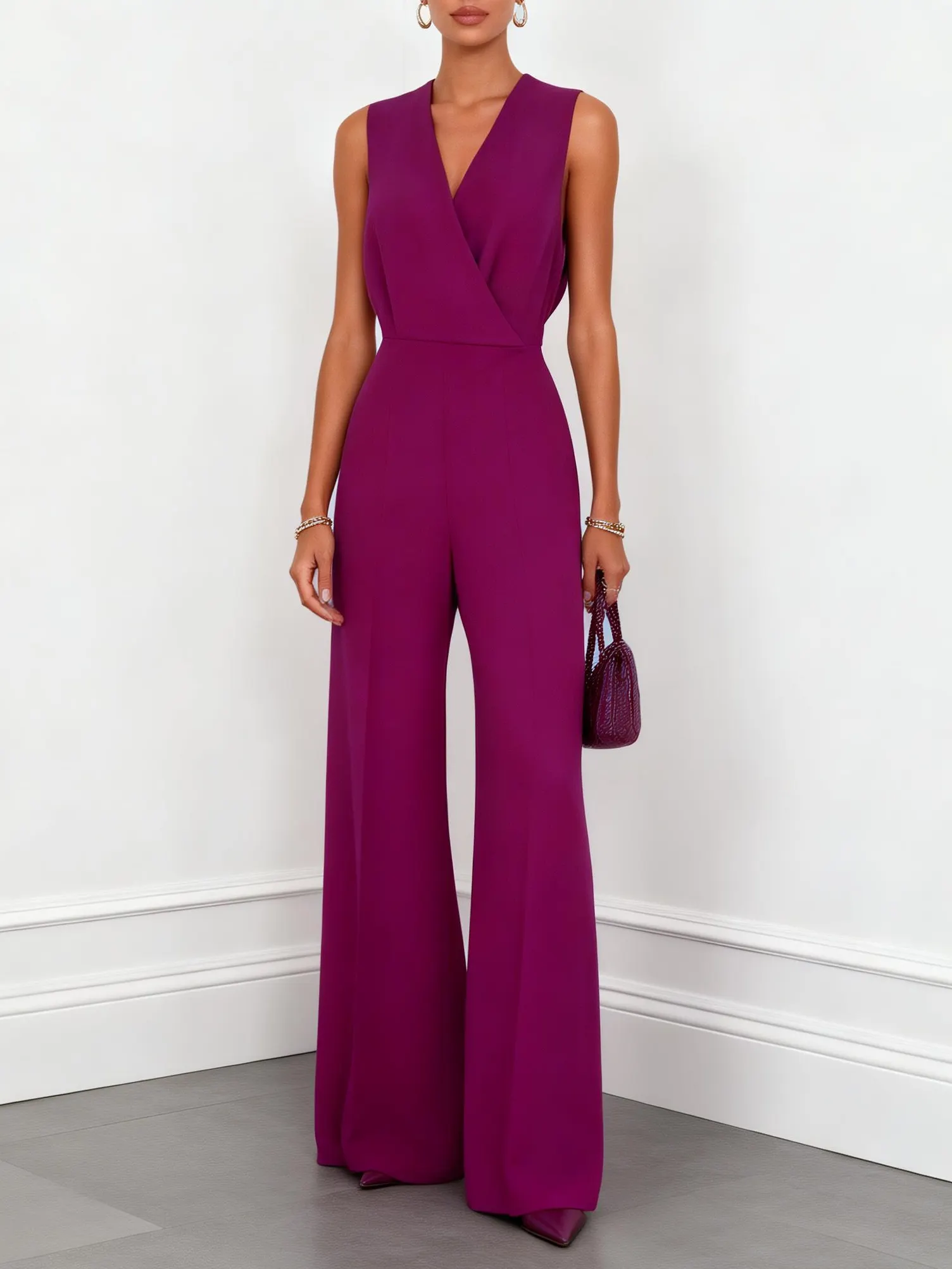 Women Purple V Neck Sleeveless Dressy Jumpsuit - Purple