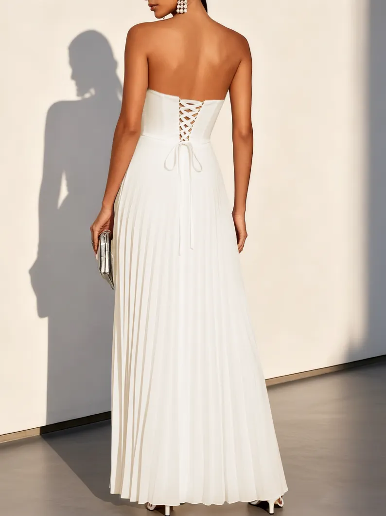 White Pleated Satin Strapless Sleeveless A-Line Maxi Dress