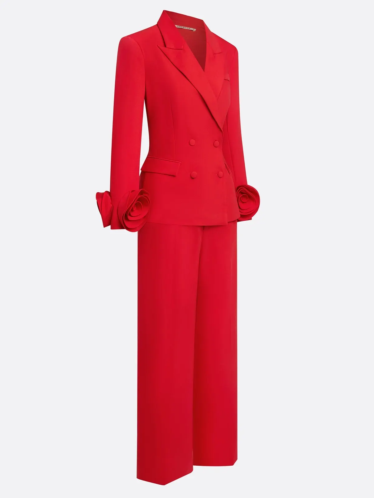 Women Red 3D Floral Lapel Collar Long Sleeve Dressy Blazer With Pants Two-Piece Set