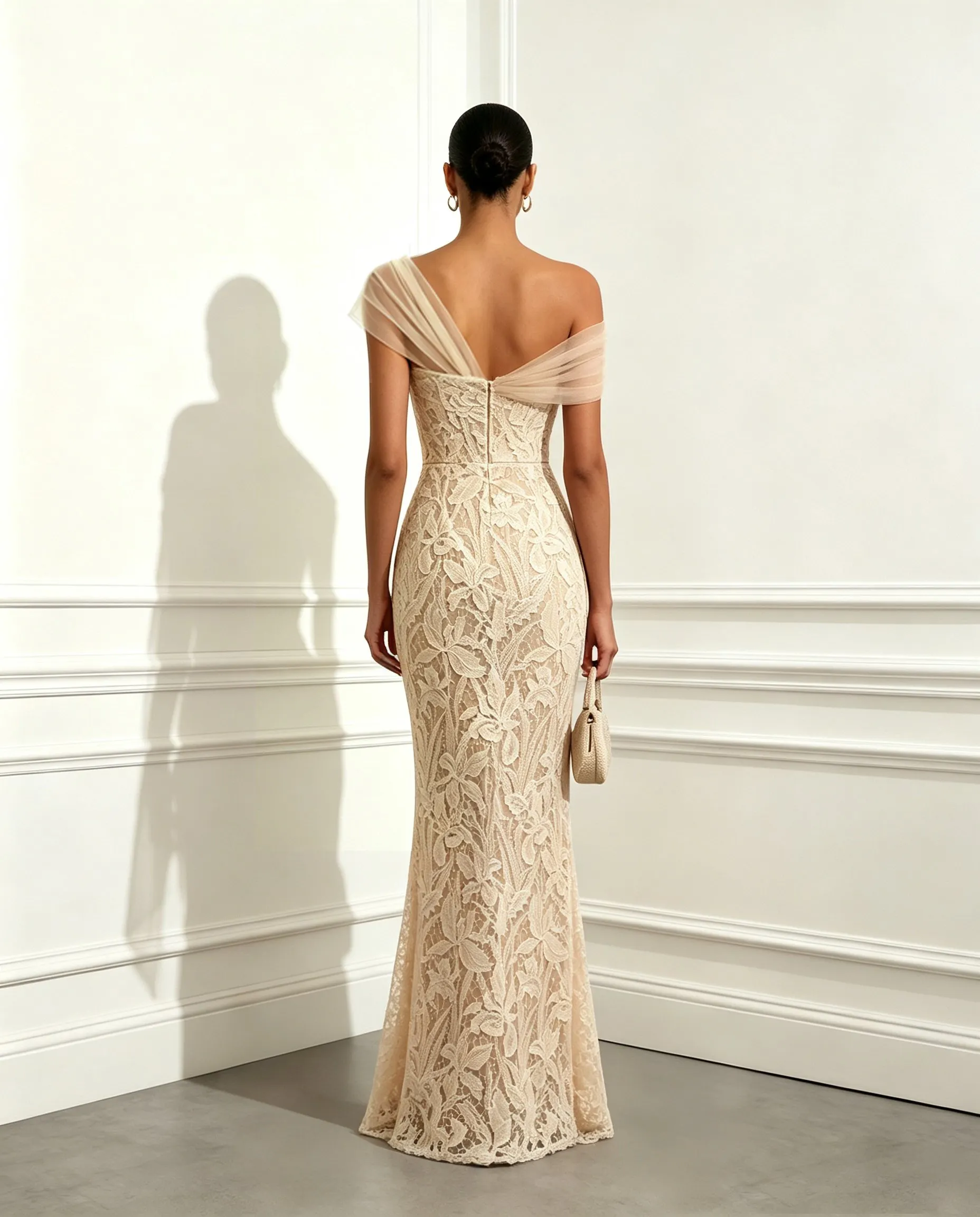 Beige Mesh Lace Asymmetrical Short Sleeve Mermaid Floor Length Dress