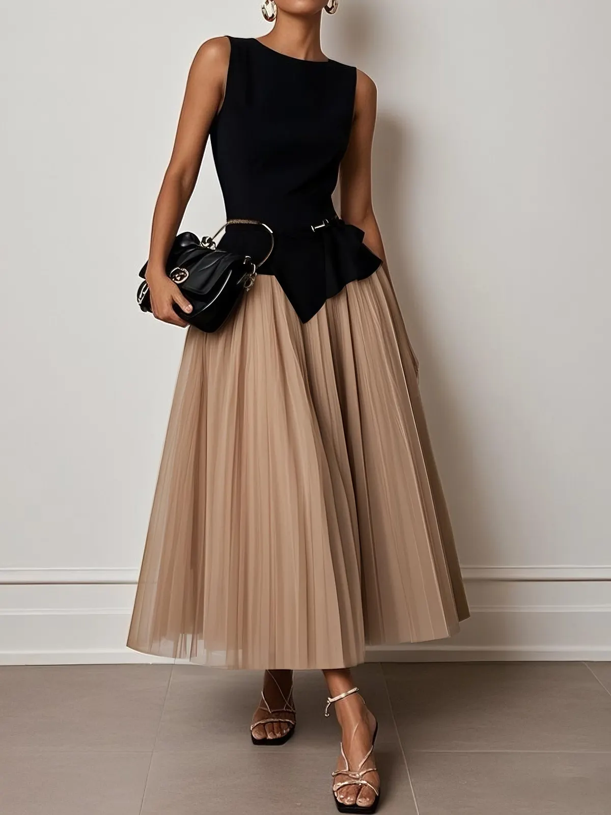 Light Khaki Pleated Asymmetrical Boat Neck Top with Skirt Two-Piece Set With Belt - Light Khaki