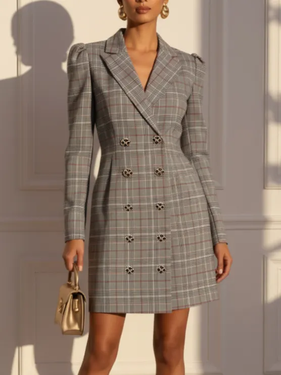 Gray Buckle Shoulder Pad Blazer Lapel Collar Long Sleeve A-Line Mini Dress