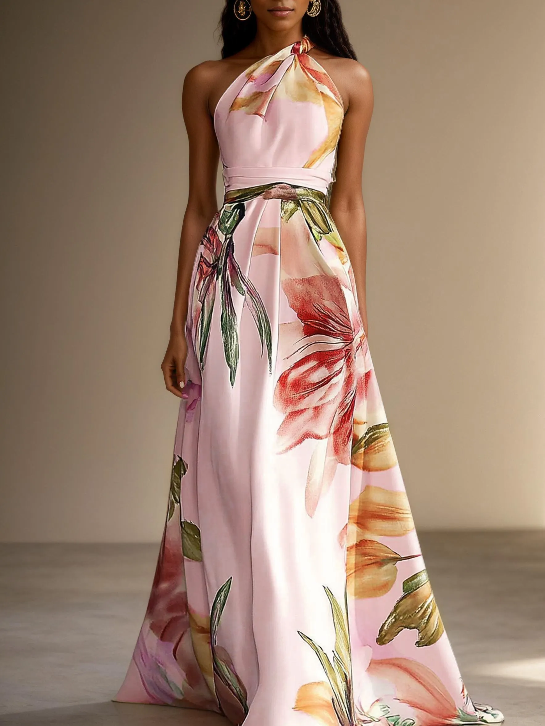 Lavender Purple Floral Satin One Shoulder Sleeveless A-Line Floor-length Gown With Pockets - lavender