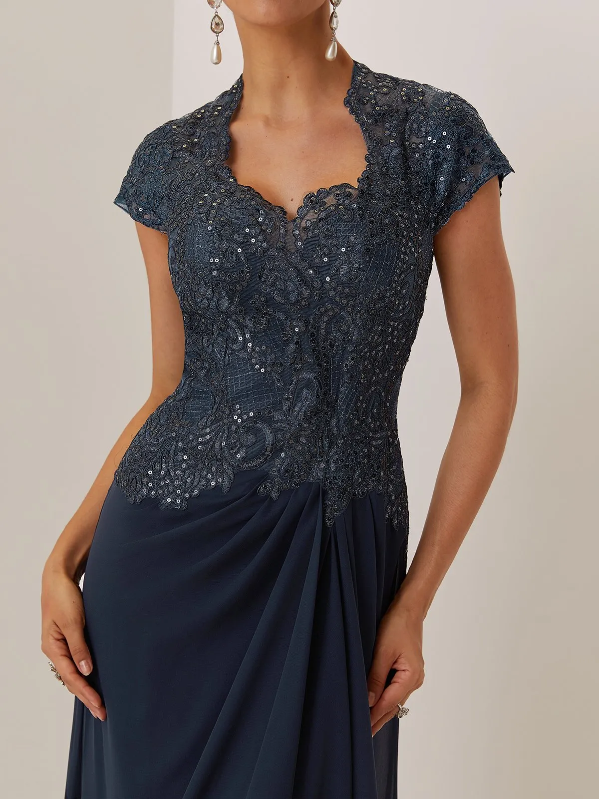Purplish blue Sequin Lace Chiffon Dress Sweetheart Neckline Short Sleeve A-Line Maxi Mother of the Bride or Groom Dress - Purplish Blue