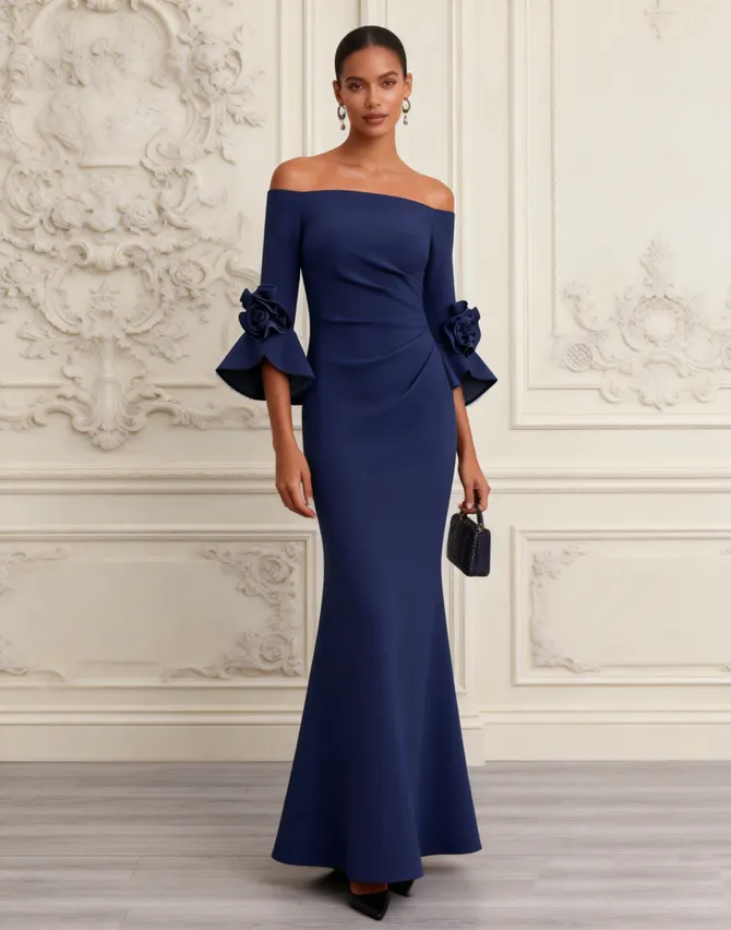 Navy Blue 3D Floral Classic Off The Shoulder Half Sleeve Bell Sleeve Mermaid Maxi Dress