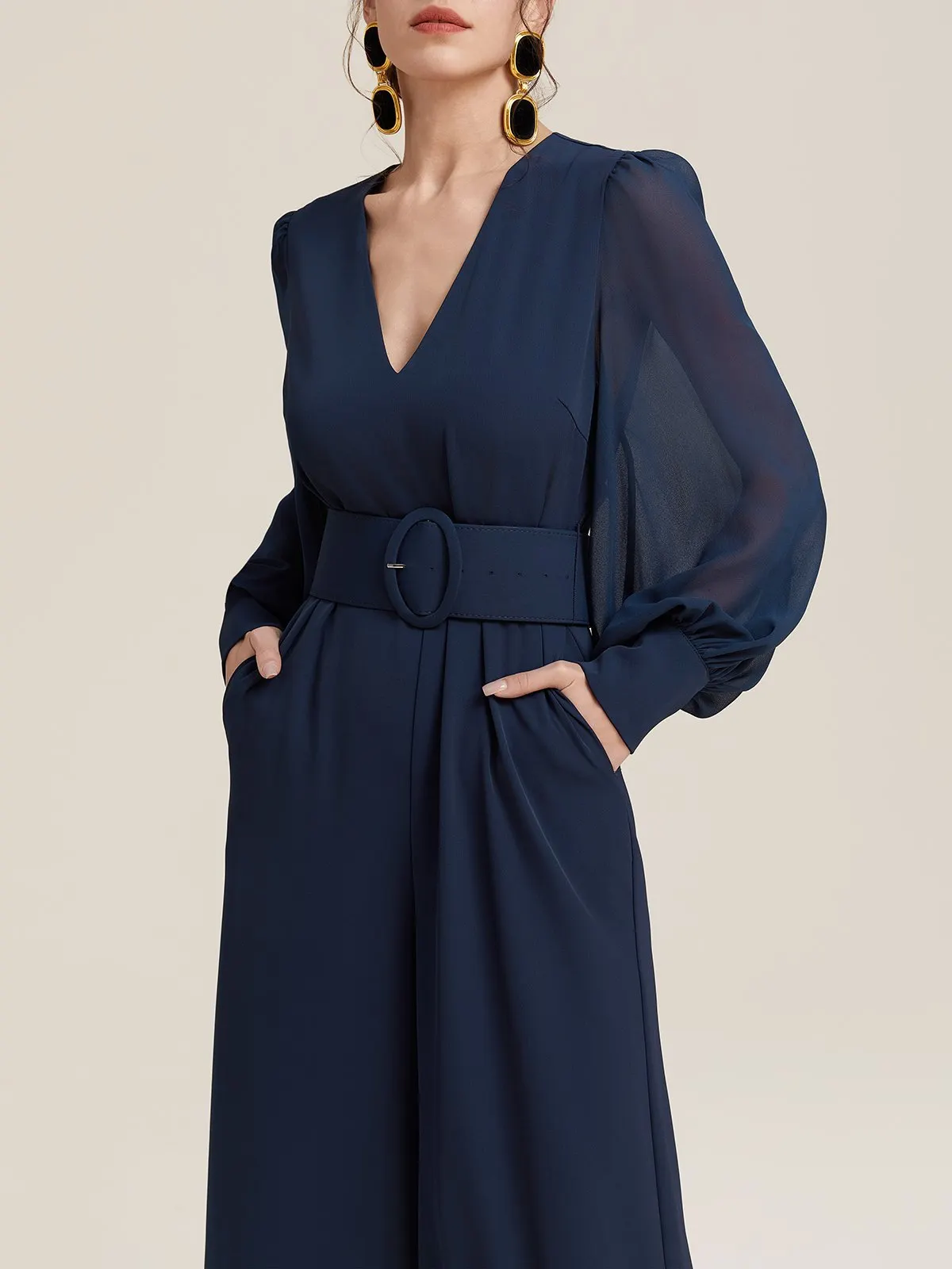 Dark Blue Mesh V Neck Balloon Sleeve Chiffon Wide-Leg Jumpsuit With Pockets