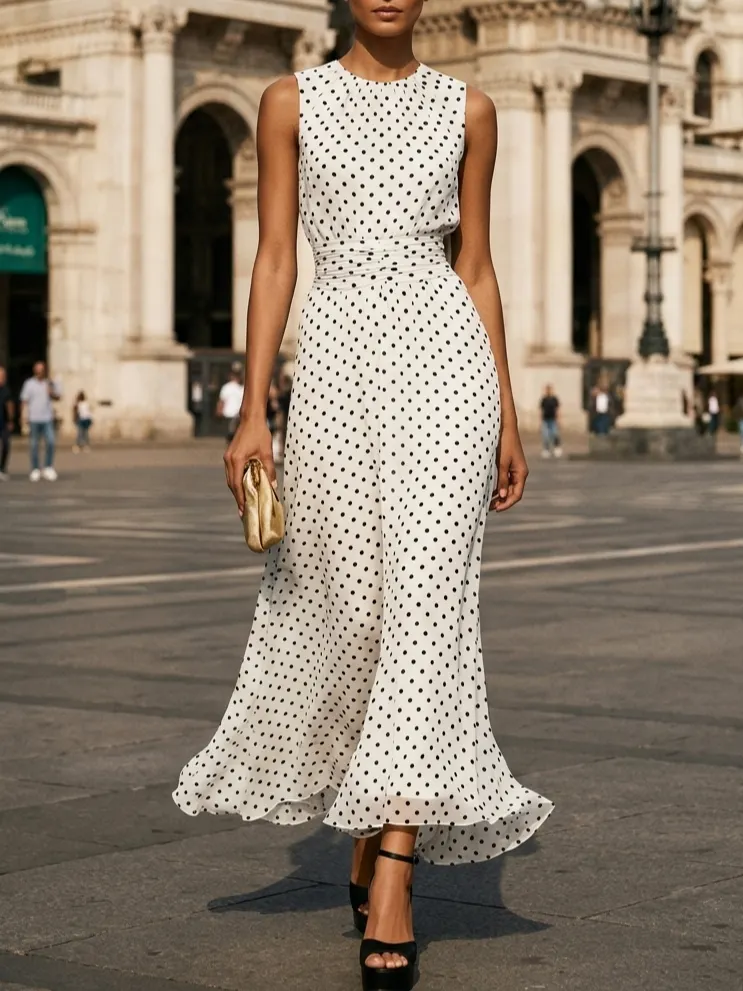 White Polka Dots Ruched Chiffon Crew Neck Sleeveless A-Line Maxi Dress - White