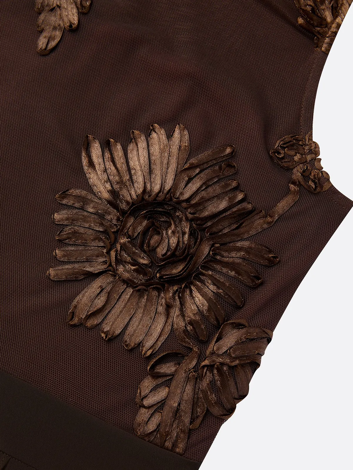 Women Coffee Brown 3D Floral Off The Shoulder Short Sleeve Elegant Jumpsuit