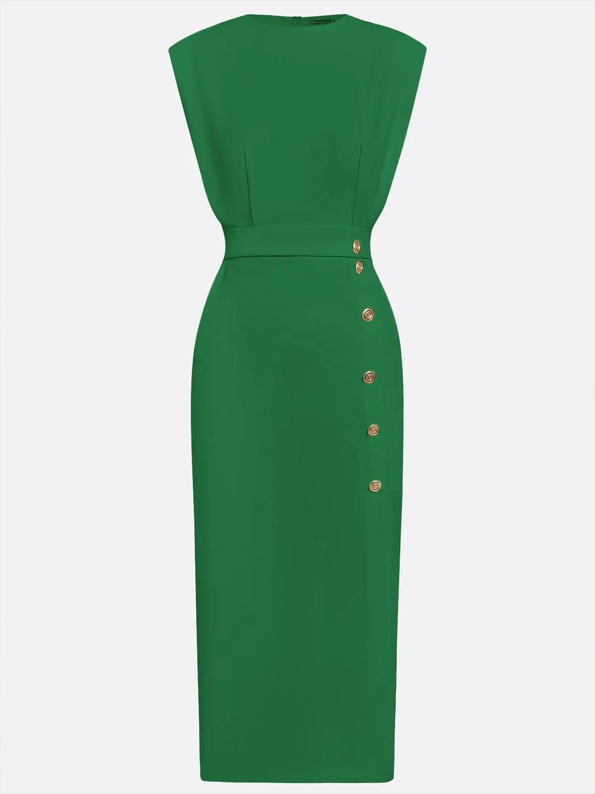Green Buttoned Side-Slit Classic Crew Neck Sleeveless Sheath Midi Dress